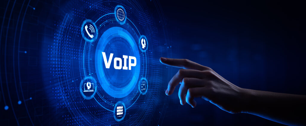 VoIP-Bild, Finger deutet auf Aktivierungsbutton, der virtuell mit mystischem Blau leuchtet